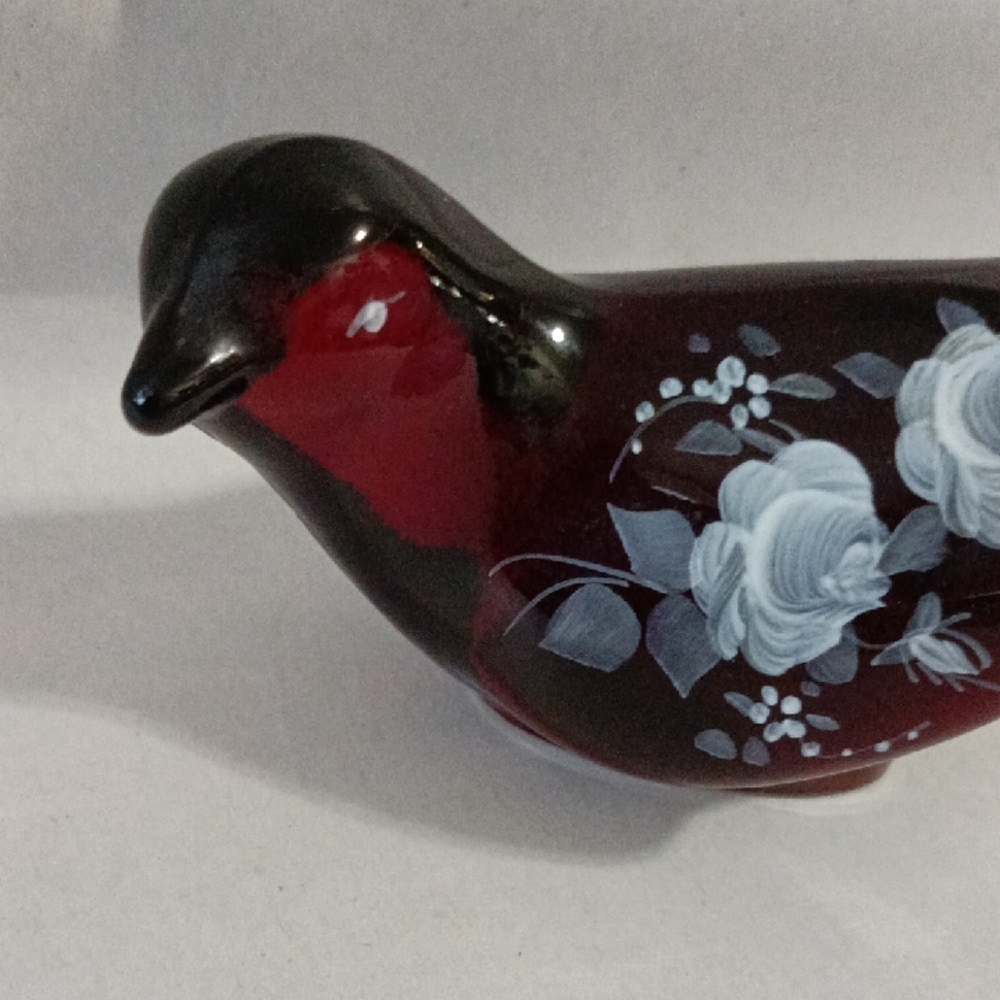 Fenton Ruby Red Bird Of Happiness Hand Painted White Roses Signed - Picture 2 of 6